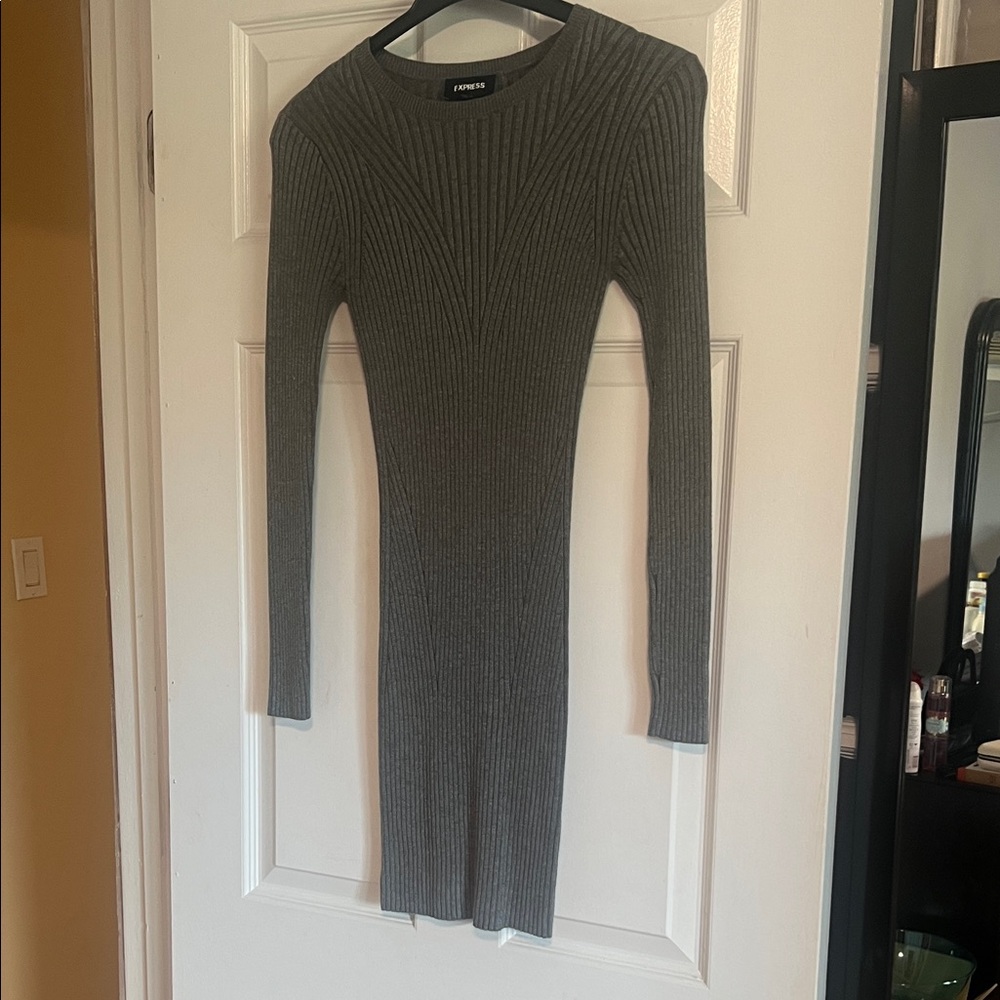 Express Gray Long Sleeve Ribbed Dress